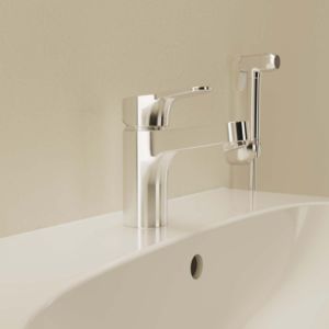 Ideal Standard Cerabase H80 Waschtischarmatur BC834AA chrom, mit Seitenbrause, ohne Ablaufgarnitur, Ausladung 106mm