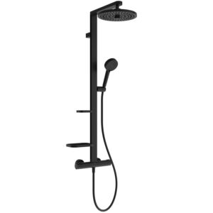 Ideal Standard Alu+ Eco shower system BE211XG with thermostatic shower valve, 2 shelves, round shower head, silk black
