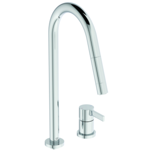 Ideal Standard Gusto kitchen 2-hole tap BD424AA chrome, with high pipe spout and pull-out 2-function hand shower
