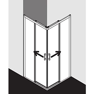 Kermi Pega Gleitt.-Eckeinstiegsh. 2-tlg. bodenfrei PEC2L09318VYK 93x185cm, silber hochglanz ESG SR Opaco Clean, links, auf Duschplatz