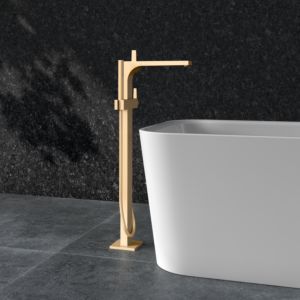 KEUCO Edition 11 single lever bath mixer 51127250100 freestanding, with shower hose and hand shower, brushed brass