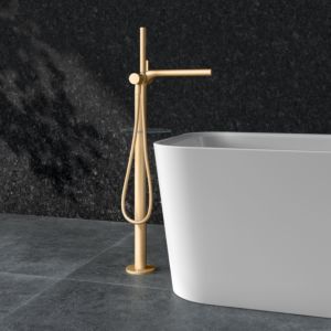 KEUCO Edition 400 single lever bath mixer 51527250100 freestanding, with shower hose and hand shower, brushed brass