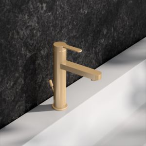 KEUCO IXMO Flat single lever washbasin mixer 59501253001 projection 124mm, with drain fitting, round rosette, brushed brass