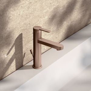 KEUCO IXMO Flat single lever washbasin mixer 59501293001 projection 124mm, with drain fitting, round rosette, brushed rose gold