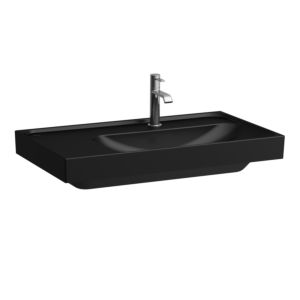 Laufen Meda lavabo H8171157161581 80x46cm, encastrable en dessous, étagère à gauche, sans trop-plein, 3 trous de robinetterie, noir mat
