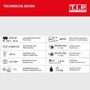 T.I.P. HWA 3000 INOX Automate d'eau domestique - acier inoxydable 31142 , 2.800 l/h, 42 m hauteur de refoulement, 550 W, protection contre la marche à sec