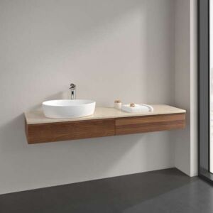 Meuble vasque Villeroy &amp; Boch Antao L15113HM avec éclairage, 2 tiroirs, 1600 x 190 x 500 mm, façade texturée, Noyer chaud / Botticino