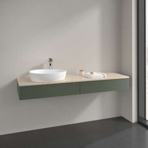 Villeroy und Boch Antao Waschtisch-Unterschrank L15113HL mit Beleuchtung, 2 Auszüge, 1600 x 190 x 500 mm, Front mit Struktur, Leaf Green Matt Lacquer / Botticino