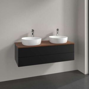 Villeroy und Boch Antao Waschtisch-Unterschrank L24012PD mit Beleuchtung, 2 Auszüge, 1200 x 360 x 500 mm, Front ohne Struktur, Black Matt Lacquer / Warm Walnut