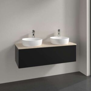 Meuble vasque Villeroy &amp; Boch Antao K35053PD 120 x 36 x 50 cm, percé pour robinetterie, plan vasque couleur Botticino, laque noire mate