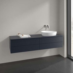 Meuble vasque Villeroy &amp; Boch Antao L27150HG avec éclairage, 4 tiroirs, 1600 x 360 x 500 mm, façade texturée, laque mate bleu nuit.