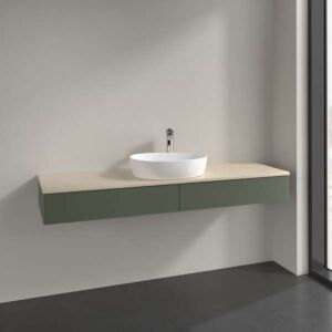 Meuble vasque Villeroy &amp; Boch Antao L14053HL avec éclairage, 2 tiroirs, 1600 x 190 x 500 mm, façade lisse, laque mate Vert Feuille / Botticino