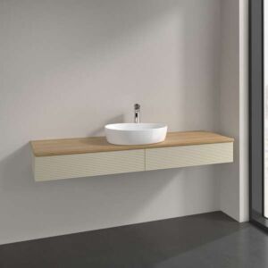 Villeroy &amp; Boch Antao vanity unit L14151HJ with lighting, 2 drawers, 1600 x 190 x 500 mm, textured front, Silk Grey Matt Lacquer / Honey Oak