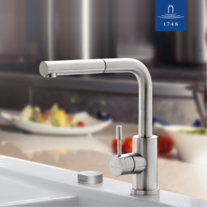 Robinet de cuisine Villeroy &amp; Boch Steel Shower 969701LC, débit de 11 l/min, douchette extractible, acier inoxydable massif
