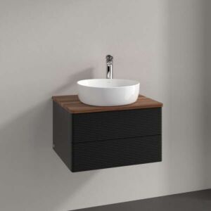 Meuble vasque Villeroy &amp; Boch Antao L18112PD avec éclairage, 2 tiroirs, 600 x 360 x 500 mm, façade texturée, laque noire mate / noyer chaud
