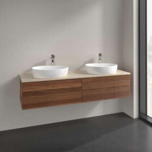 Villeroy &amp; Boch Antao vanity unit L28153HM with lighting, 4 drawers, 1600 x 360 x 500 mm, textured front, Warm Walnut / Botticino