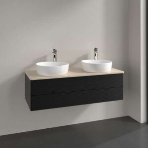 Meuble vasque Villeroy &amp; Boch Antao K24113PD 120 x 36 x 50 cm, plan vasque couleur Botticino, laque noire mate