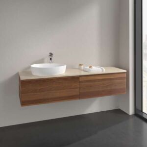 Villeroy und Boch Antao Waschtisch-Unterschrank L37013HM mit Beleuchtung, 2 Auszüge, 1600 x 360 x 500 mm, Front ohne Struktur, Warm Walnut / Botticino