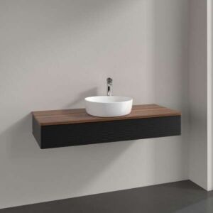 Villeroy &amp; Boch Antao vanity unit L10152PD with lighting, 1 drawer, 1200 x 190 x 500 mm, textured front, Black Matt Lacquer / Warm Walnut
