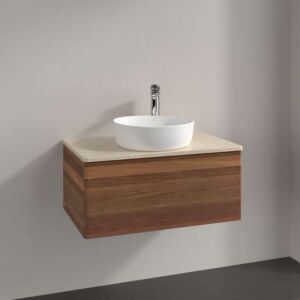 Villeroy &amp; Boch Antao vanity unit L30053HM with lighting, 1 drawer, 800 x 360 x 500 mm, smooth front, Warm Walnut / Botticino