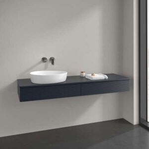 Meuble vasque Villeroy &amp; Boch Antao L15150HG avec éclairage, 2 tiroirs, 1600 x 190 x 500 mm, façade texturée, laque mate bleu nuit.