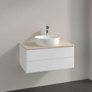 Meuble vasque Villeroy &amp; Boch Antao L19053MT avec éclairage, 2 tiroirs, 800 x 360 x 500 mm, façade lisse, laque blanche mate / Botticino