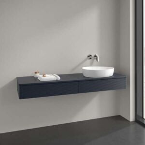 Meuble vasque Villeroy &amp; Boch Antao L16110HG avec éclairage, 2 tiroirs, 1600 x 190 x 500 mm, façade texturée, laque mate bleu nuit.