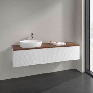 Villeroy und Boch Antao Waschtisch-Unterschrank L37152MT mit Beleuchtung, 2 Auszüge, 1600 x 360 x 500 mm, Front mit Struktur, White Matt Lacquer / Warm Walnut