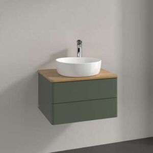 Meuble vasque Villeroy &amp; Boch Antao K18051HL 60 x 36 x 50 cm, percé pour robinetterie, plan vasque couleur chêne miel, laque mate vert feuille