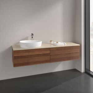 Meuble vasque Villeroy &amp; Boch Antao L26153HM avec éclairage, 4 tiroirs, 1600 x 360 x 500 mm, façade texturée, Noyer chaud / Botticino