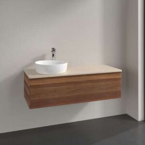 Meuble vasque Villeroy &amp; Boch Antao L33013HM avec éclairage, 1 tiroir, 1200 x 360 x 500 mm, façade lisse, Noyer chaud / Botticino