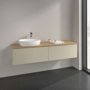 Villeroy &amp; Boch Antao vanity unit L37111HJ with lighting, 2 drawers, 1600 x 360 x 500 mm, textured front, Silk Grey Matt Lacquer / Honey Oak
