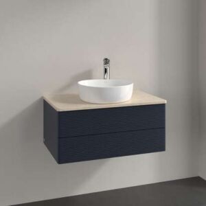 Meuble vasque Villeroy &amp; Boch Antao L19153HG avec éclairage, 2 tiroirs, 800 x 360 x 500 mm, façade texturée, laque mate bleu nuit / Botticino