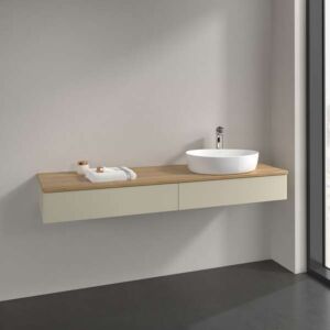 Villeroy &amp; Boch Antao vanity unit L16051HJ with lighting, 2 drawers, 1600 x 190 x 500 mm, smooth front, Silk Grey Matt Lacquer / Honey Oak