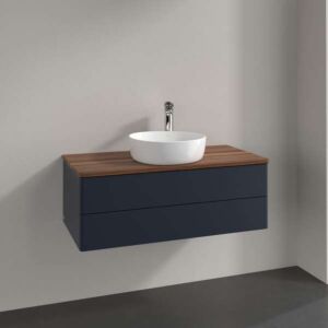 Villeroy &amp; Boch Antao vanity unit L20052HG with lighting, 2 drawers, 1000 x 360 x 500 mm, smooth front, Midnight Blue Matt Lacquer / Warm Walnut