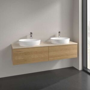 Villeroy und Boch Antao Waschtisch-Unterschrank L39053HN mit Beleuchtung, 2 Auszüge, 1600 x 360 x 500 mm, Front ohne Struktur, Honey Oak / Botticino