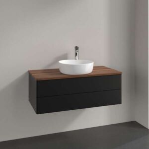 Meuble vasque Villeroy &amp; Boch Antao L20052PD avec éclairage, 2 tiroirs, 1000 x 360 x 500 mm, façade lisse, laque noire mate / noyer chaud