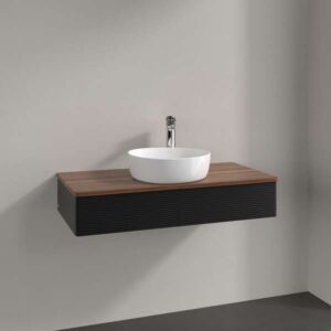 Villeroy &amp; Boch Antao vanity unit L09152PD with lighting, 1 drawer, 1000 x 190 x 500 mm, textured front, Black Matt Lacquer / Warm Walnut