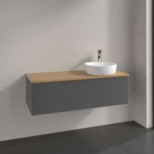 Meuble vasque Villeroy &amp; Boch Antao L34111GK avec éclairage, 1 tiroir, 1200 x 360 x 500 mm, façade texturée, laque anthracite mate / chêne miel