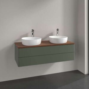 Meuble vasque Villeroy &amp; Boch Antao K24012HL 120 x 36 x 50 cm, plan vasque couleur noyer chaud, laque mate vert feuille