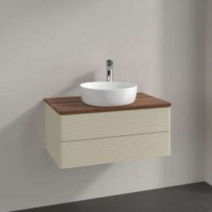 Meuble vasque Villeroy &amp; Boch Antao L19152HJ avec éclairage, 2 tiroirs, 800 x 360 x 500 mm, façade texturée, laque mate Gris Soie / Noyer Chaud