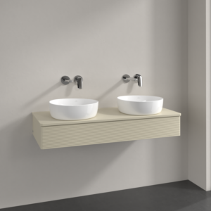 Meuble vasque Villeroy &amp; Boch Antao K13150HJ 120 x 19 x 50 cm, percé pour robinetterie, finition laquée gris soie mat