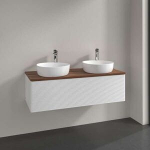 Villeroy &amp; Boch Antao vanity unit L35112GF with lighting, 1 drawer, 1200 x 360 x 500 mm, textured front, Glossy White Lacquer / Warm Walnut