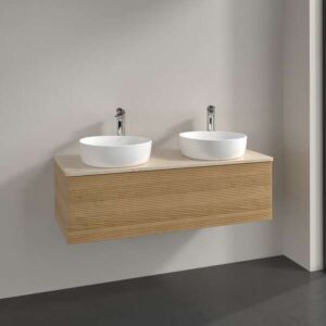 Villeroy &amp; Boch Antao vanity unit L35113HN with lighting, 1 drawer, 1200 x 360 x 500 mm, textured front, Honey Oak / Botticino