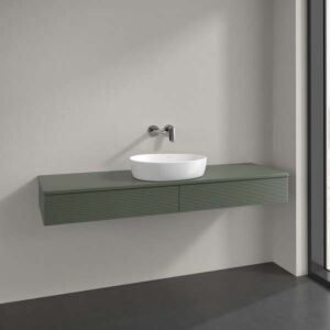 Villeroy &amp; Boch Antao vanity unit L14150HL with lighting, 2 drawers, 1600 x 190 x 500 mm, textured front, Leaf Green Matt Lacquer / Leaf Green Matt Lacquer