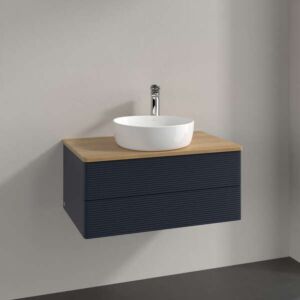 Meuble vasque Villeroy &amp; Boch Antao L19151HG avec éclairage, 2 tiroirs, 800 x 360 x 500 mm, façade texturée, laque mate bleu nuit / chêne miel