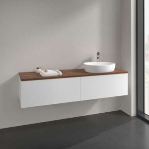 Meuble vasque Villeroy &amp; Boch Antao L38052MT avec éclairage, 2 tiroirs, 1600 x 360 x 500 mm, façade lisse, laque blanche mate / noyer chaud