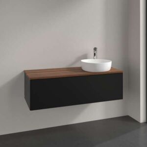 Meuble vasque Villeroy &amp; Boch Antao K34012PD 120 x 36 x 50 cm, plan vasque couleur noyer chaud, laque noire mate
