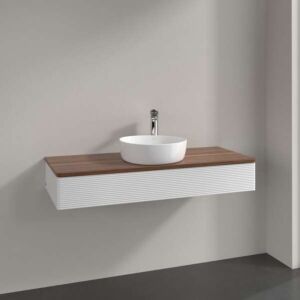 Meuble vasque Villeroy &amp; Boch Antao L10152GF avec éclairage, 1 tiroir, 1200 x 190 x 500 mm, façade texturée, laque blanche brillante / noyer chaud