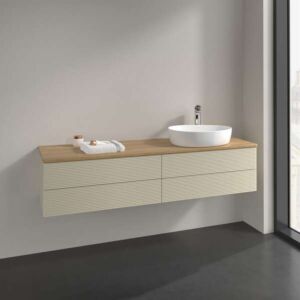 Meuble vasque Villeroy &amp; Boch Antao L27111HJ avec éclairage, 4 tiroirs, 1600 x 360 x 500 mm, façade texturée, laque mate Gris Soie / Chêne Miel